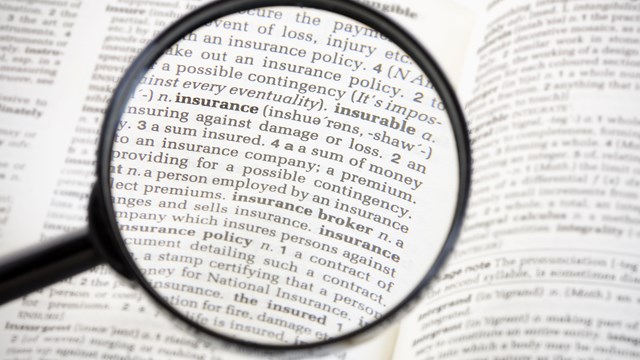 Magnifying glass focussed on the word 'insurance' on the page of a generic dictionary.