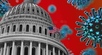 United States Flag Capitol State Building during Covid19 2020 novel coronavirus Pandemic, 3d virus medical model, Washington DC, USA