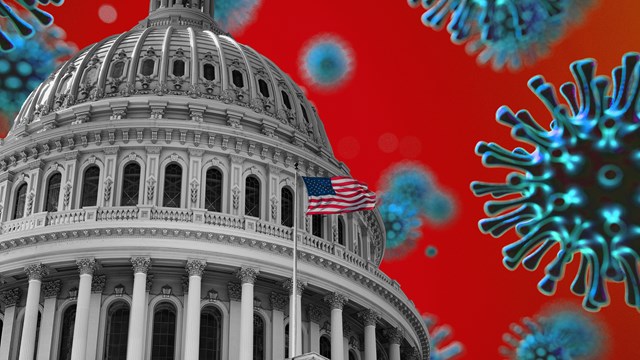 United States Flag Capitol State Building during Covid19 2020 novel coronavirus Pandemic, 3d virus medical model, Washington DC, USA