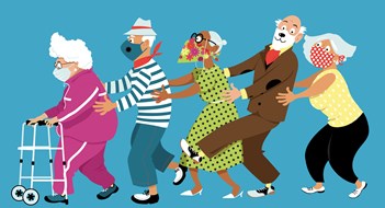 Group of active seniors dancing conga line and wearing protective non-medical facial masks to prevent spread of Covid-19, EPS 8 vector illustration