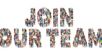 Hiring Staff Join our team typography banner. Large group of people standing together in the shape of letters, flat vector illustration. People crowd gathering. Hiring, employment, job opportunities, recruitment.
