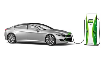 Eco Car Illustration. Generic Silver Electric Vehicle Being Charge By An Electric Vehicle Charging Station, Isolated Against White. 3d Rendering.