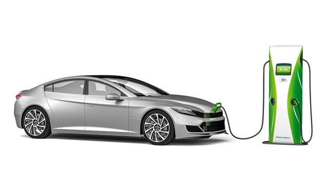 Eco Car Illustration. Generic Silver Electric Vehicle Being Charge By An Electric Vehicle Charging Station, Isolated Against White. 3d Rendering.