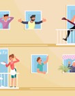 Men and women neighbours characters living in neighboring home apartments hear loud music. Flat Art Vector illustration