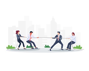 Vector illustration teamwork business concept. Group of employees play tug of war, Vector illustration in a flat style