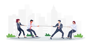 Vector illustration teamwork business concept. Group of employees play tug of war, Vector illustration in a flat style