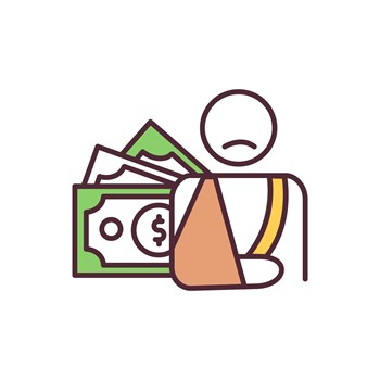 Minimalist line drawing showing frowning human figure with arm in sling standing in front of generic money graphic 