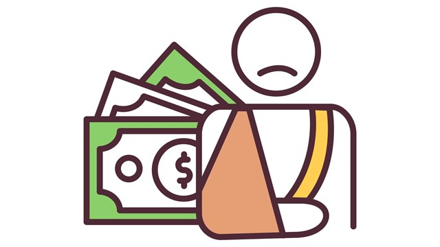 Minimalist line drawing showing frowning human figure with arm in sling standing in front of generic money graphic 