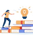 Businesswoman climbs on a stack of books to knowledge. Education and professional career concept. MBA. Modern vector illustration.