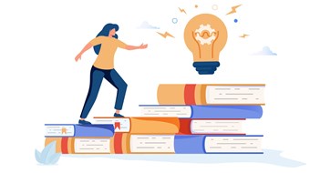 Continuing Education for Managers Businesswoman climbs on a stack of books to knowledge. Education and professional career concept. MBA. Modern vector illustration.