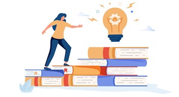 Businesswoman climbs on a stack of books to knowledge. Education and professional career concept. MBA. Modern vector illustration.