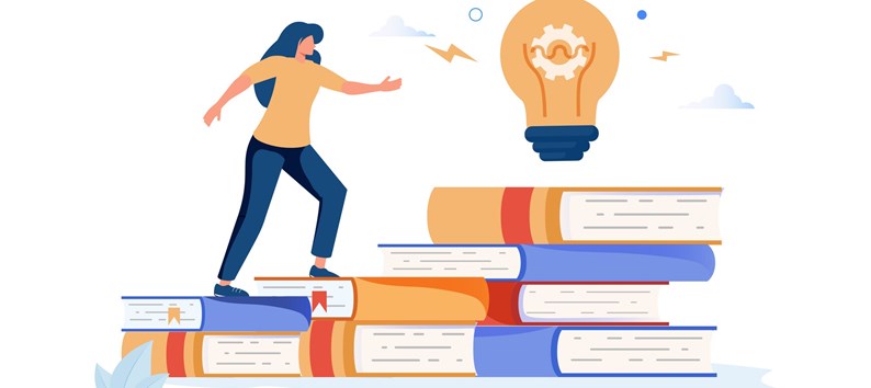Businesswoman climbs on a stack of books to knowledge. Education and professional career concept. MBA. Modern vector illustration.