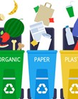 Garbage sorting and recycle background with color trash bins. Organic, paper, plastic, metal and glass sorting. Reduce reuse recycle slogan.