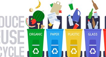 Garbage sorting and recycle background with color trash bins. Organic, paper, plastic, metal and glass sorting. Reduce reuse recycle slogan.