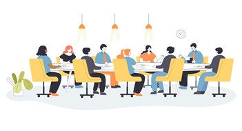 Men and women sitting on chairs at round table in office boardroom. Board, leader and CEO having big talk about business strategy flat vector illustration. Team work, corporate culture concept