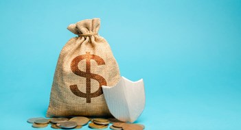 Financial, Physical, & Operational Health Bag with dollar symbol and protection shield. Concept security of money, guaranteed deposits. Client rights protection. Compensation for losses in inflation, safeguarded investment capital.