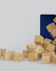 Cardboard box parcel overflow from smartphone display, online shopping delivery concept, 3D rendering.