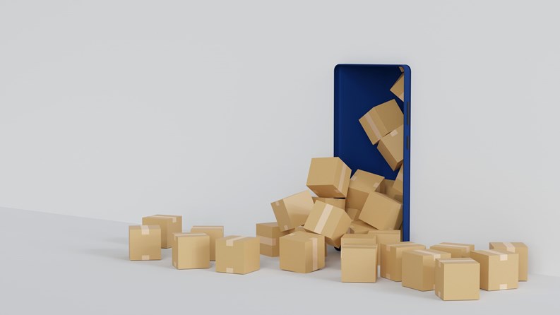 Cardboard box parcel overflow from smartphone display, online shopping delivery concept, 3D rendering.