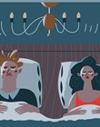 Loud noisy neighbours disturbing unhappy couple in bed. Problems in neighbouring apartments at home vector illustration. Young annoyed man and woman cannot sleep, fighting or quarrel.