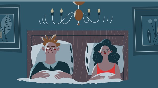 Loud noisy neighbours disturbing unhappy couple in bed. Problems in neighbouring apartments at home vector illustration. Young annoyed man and woman cannot sleep, fighting or quarrel.