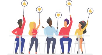 Q&A: Is That Vote Legal? Jury voting flat illustration. People holding signs with likes and dislikes. Social satisfaction poll concept.