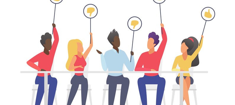 Jury voting flat illustration. People holding signs with likes and dislikes. Social satisfaction poll concept.