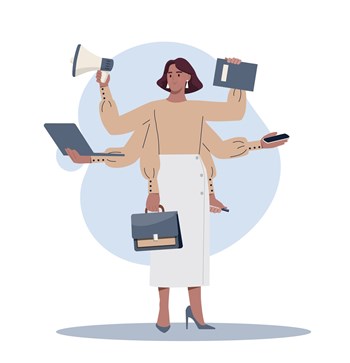 Concept of multitasking. Girl with lot of hands, tired character. Boss, businesswoman or entrepreneur. Active worker, leader, overworked person, strong woman. Cartoon flat vector illustration