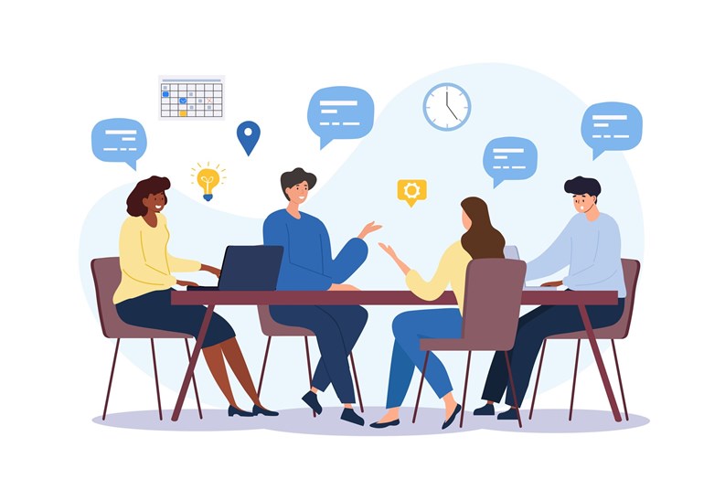 Business communication concept. Group of employees discussing idea at table. Brainstorming and company development, directors council or analytical department. Cartoon flat vector illustration