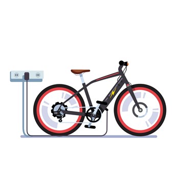 Modern electric bicycle charging its batteries with wall outlet plug wire. EV bike station. Flat style vector illustration isolated on white background.