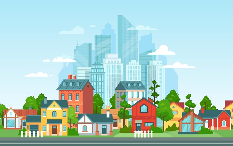 Suburban landscape. Urban architecture, small and big city buildings. Suburbans houses cartoon vector illustration. Countryside, suburbs with private cottages with cityscape on background