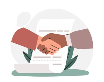 Businessmen make deal. Characters in costumes shake hands next to signed document. Entrepreneur got investment for business, organizations partnership metaphor. Cartoon flat vector illustration