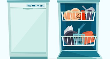 Close and open dishwasher with dishes. Flat cartoon style vector illustration.