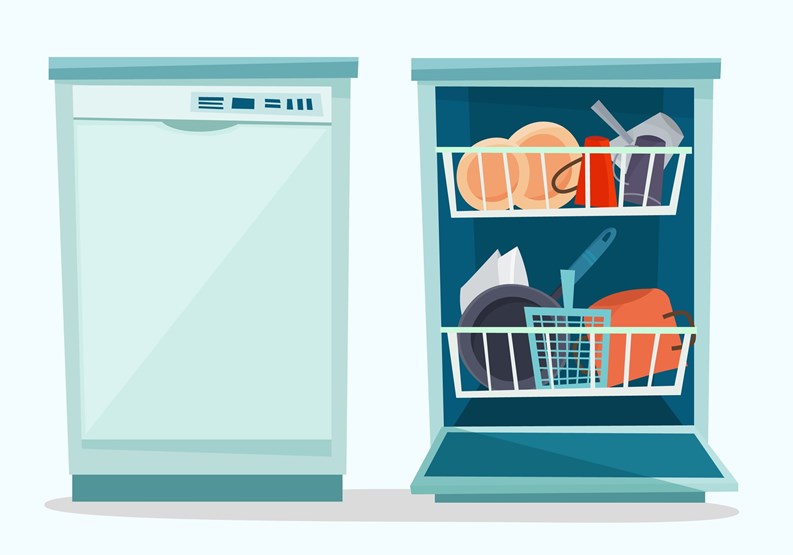 Close and open dishwasher with dishes. Flat cartoon style vector illustration.