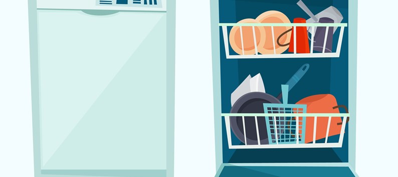 Close and open dishwasher with dishes. Flat cartoon style vector illustration.