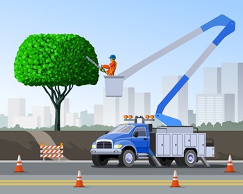 Tree pruning with hedge trimmer from aerial lift platform. Bucket truck tree surgeon city service vehicle. Aerial work basket vehicle. Vector clip art of cherry picker on urban cityscape background