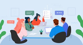 Assessing Buyer Applications A flat vector illustration of a coworking meeting in the office and working on a project, showing the presentation, data, research, etc.