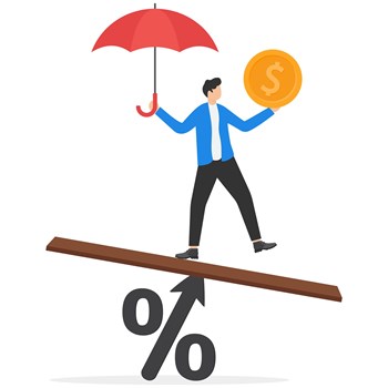 Businessmen balance himself on percentage signs. Central bank money policy for inflation or interest rate, balance between profit and loss, financial challenge or risk, economic recovery concept.