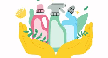 Understanding Green Cleaning Set with Eco friendly cleaning products. Two hands in gloves holding window-cleaner product in bootle and detegent.Banner for cleaning service.Vector illustration.