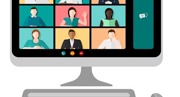 Q&A: Muted Voices Computer screen with a video conference call with multicultural people and different genders vector