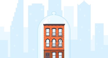 How Self-Managed Communities Manage Their Business Old-fashioned house and city view silhouette. Brick building covered by glass dom. Rent control house concept. Rent stabilized apartment unit. Well preserved and protected property. Flat vecto
