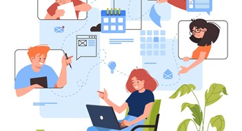 Q&A: Remote “Meetings” Online meeting vector illustration design. Woman with laptop at remote work conference. Virtual video study or education, business planning. Flat cartoon people discussion. Home office concept.