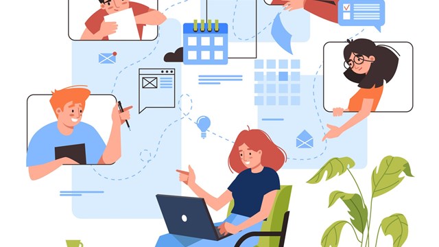 Online meeting vector illustration design. Woman with laptop at remote work conference. Virtual video study or education, business planning. Flat cartoon people discussion. Home office concept.