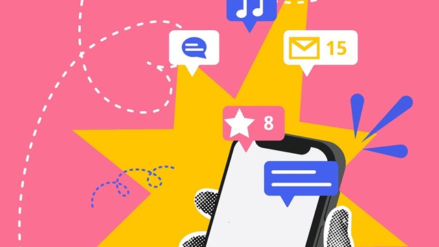 Contemporary halftone collage. Concept of mobile apps and services, online communication, social media,rating.Business creative illustration for web banner, social media post, business presentation. Vector illustration