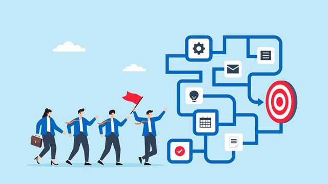 Flat illustration of business leader holding flag while guiding team through maze of task icons toward final target and business goal