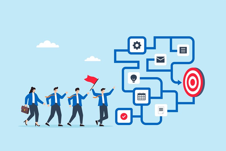 Flat illustration of business leader holding flag while guiding team through maze of task icons toward final target and business goal