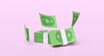 Budgeting in Inflationary Times 3d dollar banknote stack with flying banknotes isolated on pink background. economic movements or business finance, loan concept, 3d render illustration