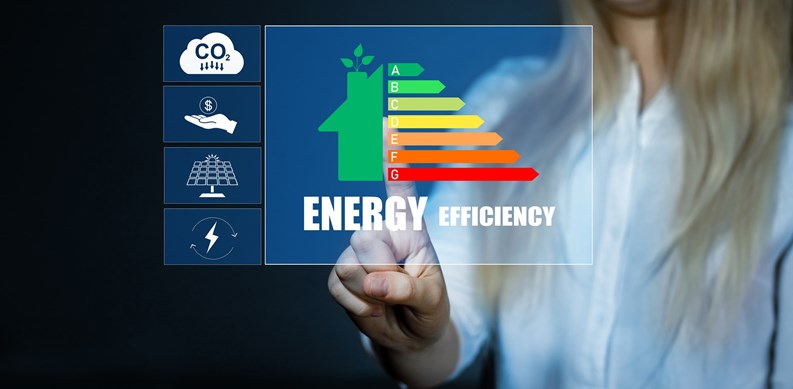 Efficiency energy rating concept. Ecological house with low consumption on renovation with insulation.Sustainable  development and eco house
