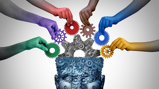 Team training and business learning as a teamwork brainstorm concept or brainstorming idea with 3D illustration elements.