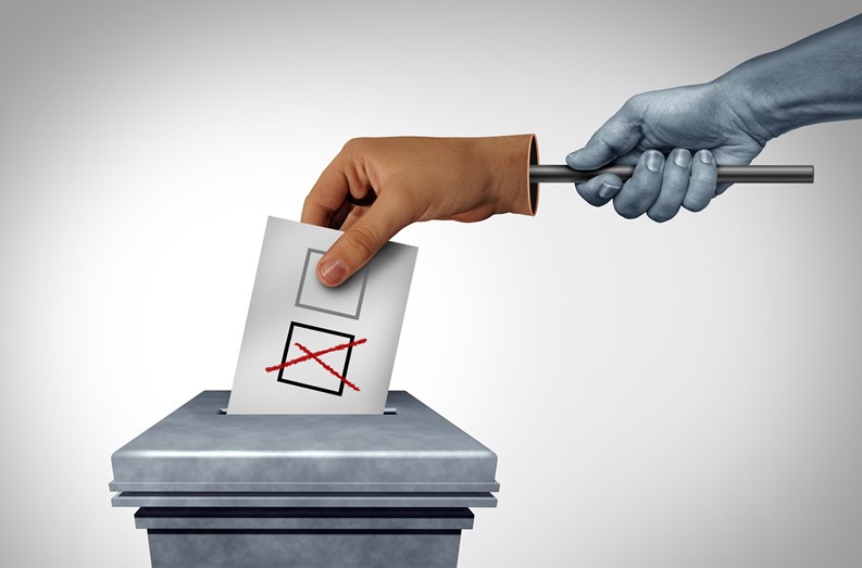 Fake voter and Election fraud or vote rigging or voters crime as a hand stealing votes as illegal electoral activity as a rigged election..