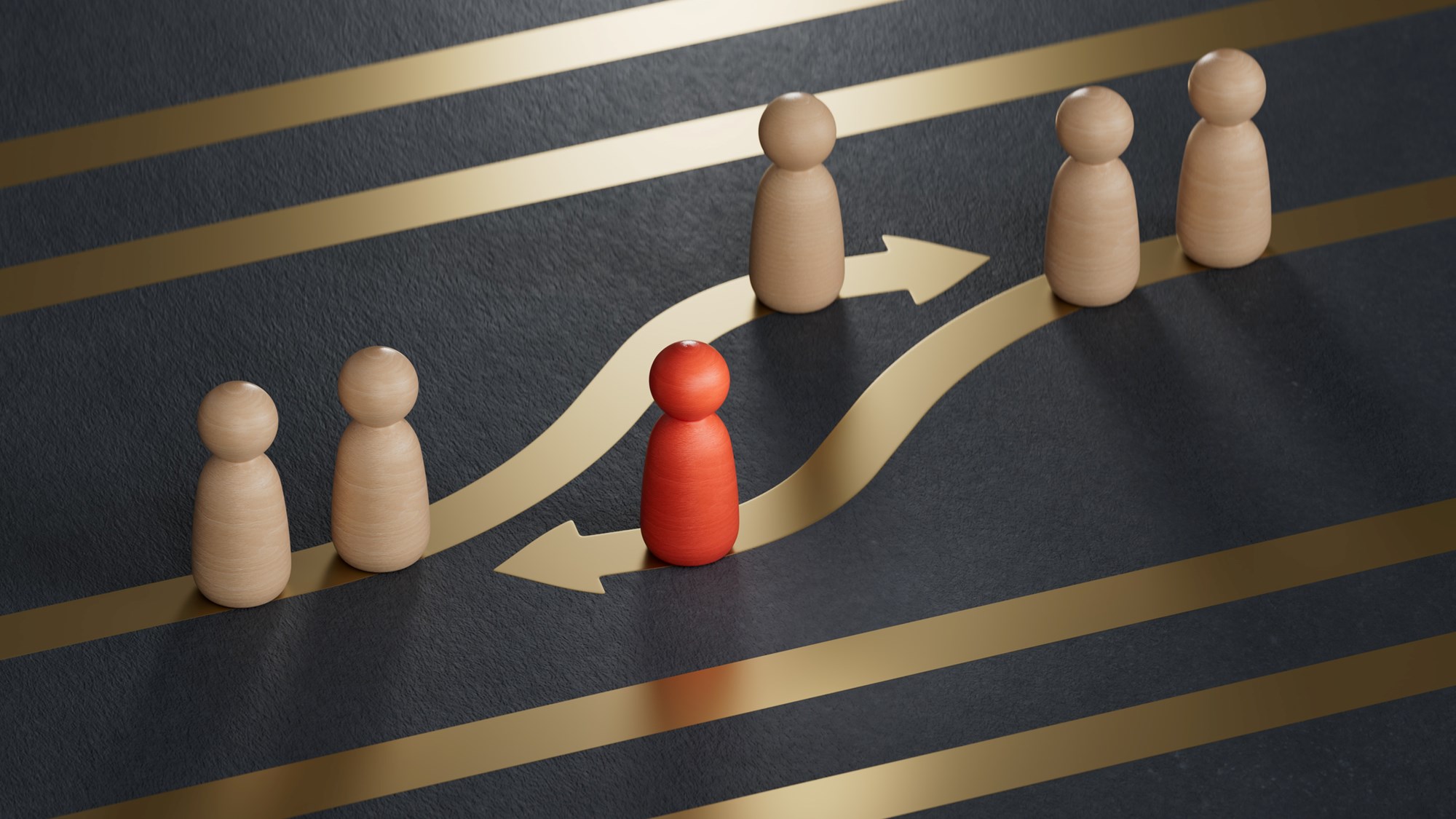 Red and white pawns with golden arrows. Employee swap or turnover concept.Leadership with business success concept.3D rendering on black background.